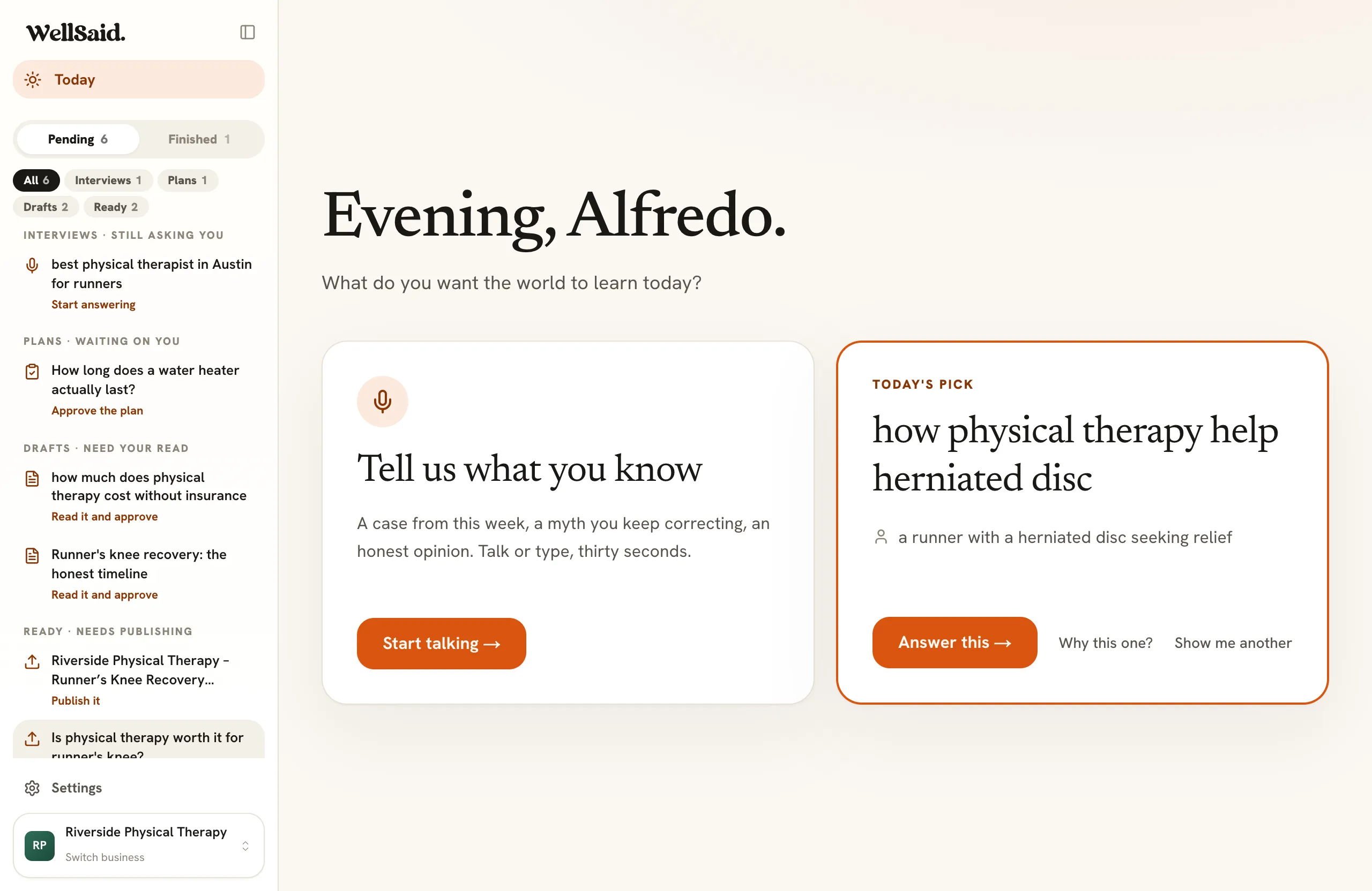 WellSaid question discovery screen ranking customer questions
