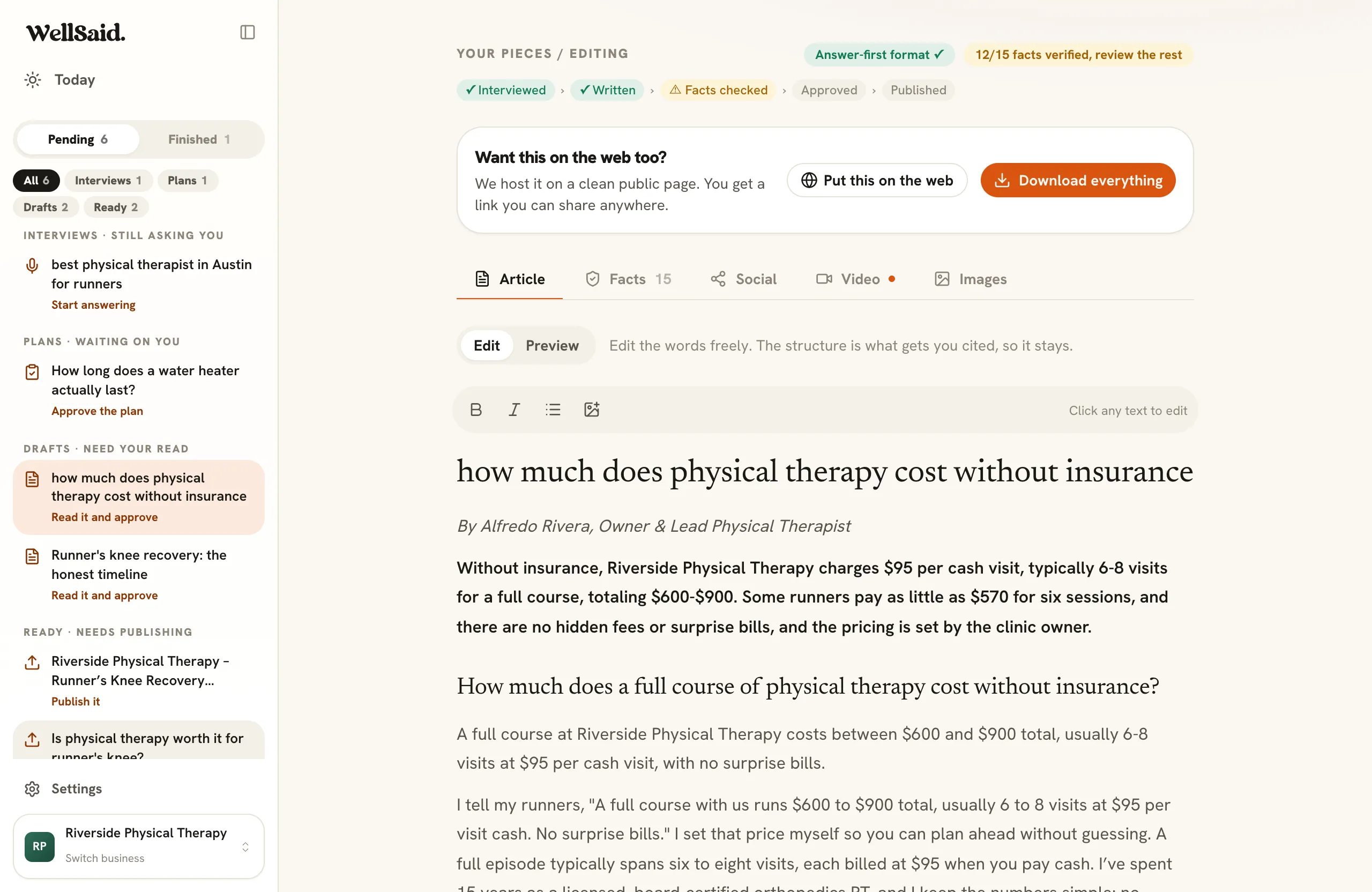 WellSaid editor with fact-check results beside the article