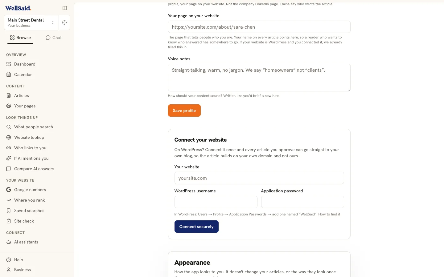 The Connect your website card in WellSaid's Business screen