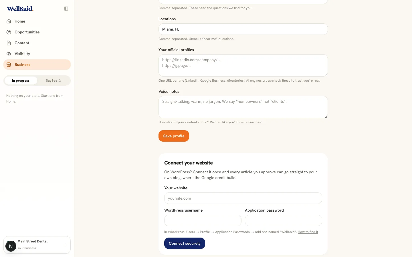 The Connect your website card in WellSaid's Business screen