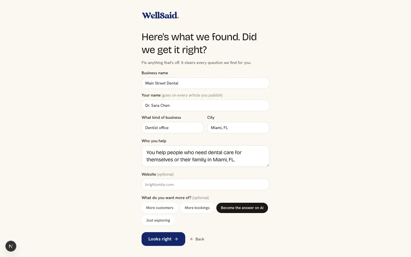WellSaid setup, the confirm card filled in for a dental office