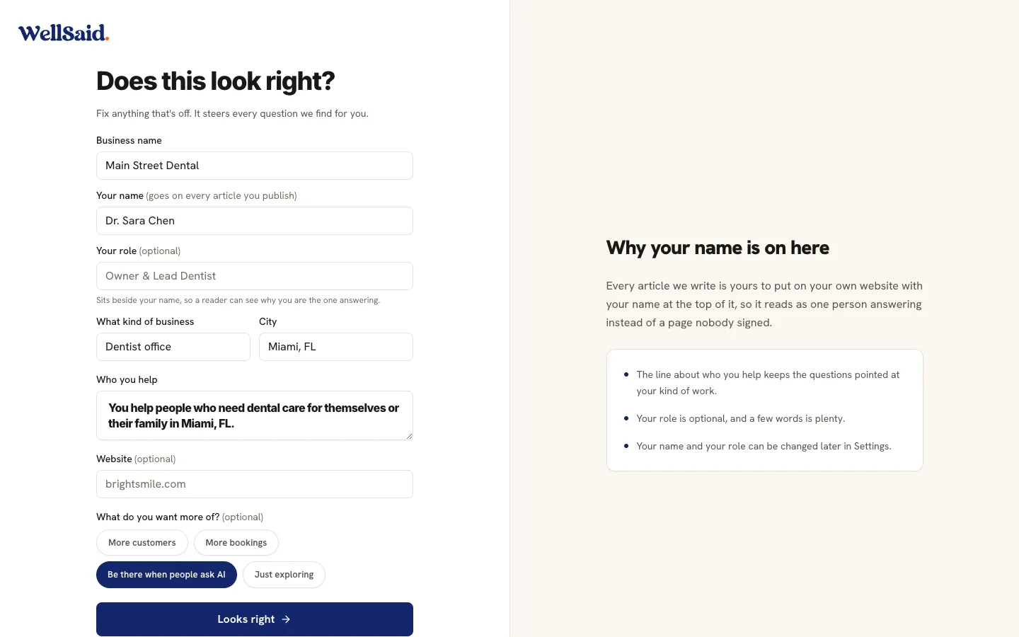 WellSaid setup, the confirm card for a dental office: name, kind of business, city, and who you help
