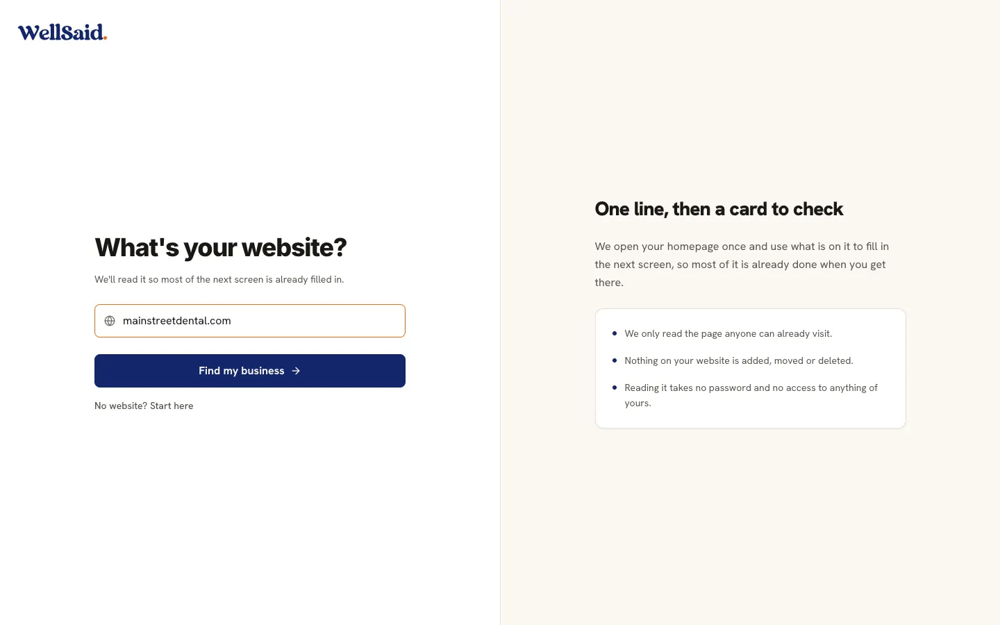 WellSaid setup, the first screen asking for your website address