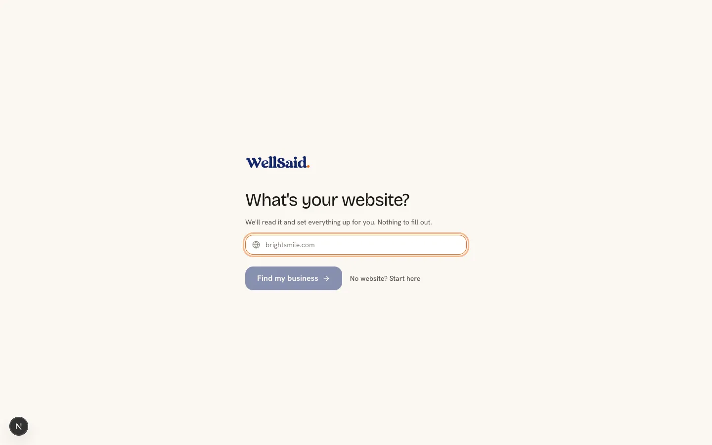 WellSaid setup, first screen: What's your website?