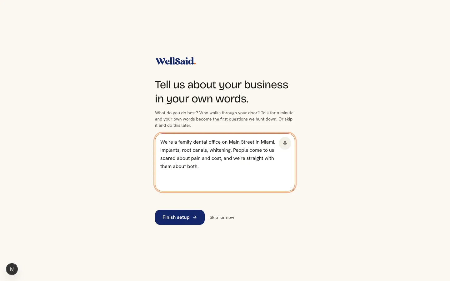 WellSaid setup, the talk step with your words typed in