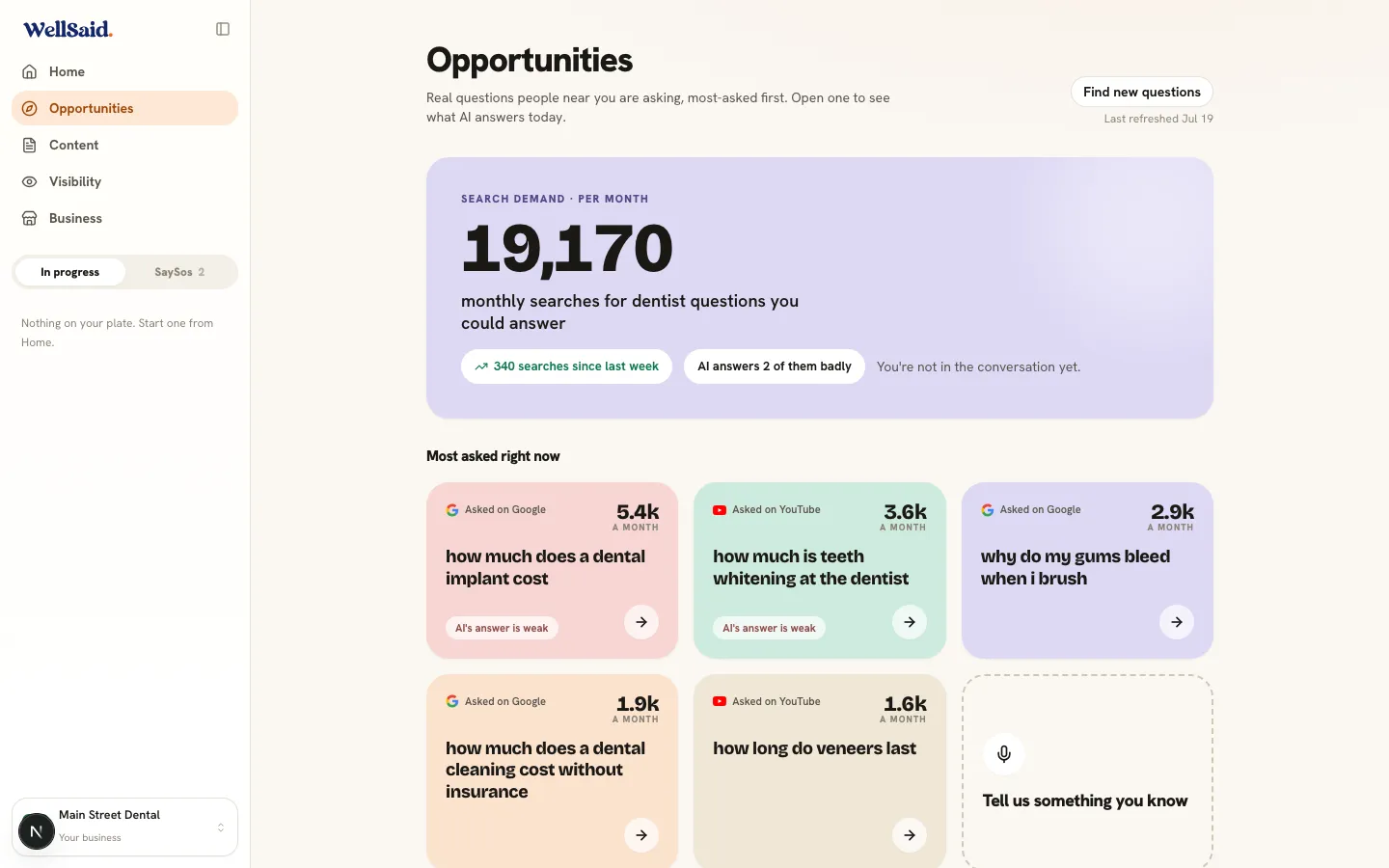 WellSaid Opportunities: the questions customers ask, most-asked first