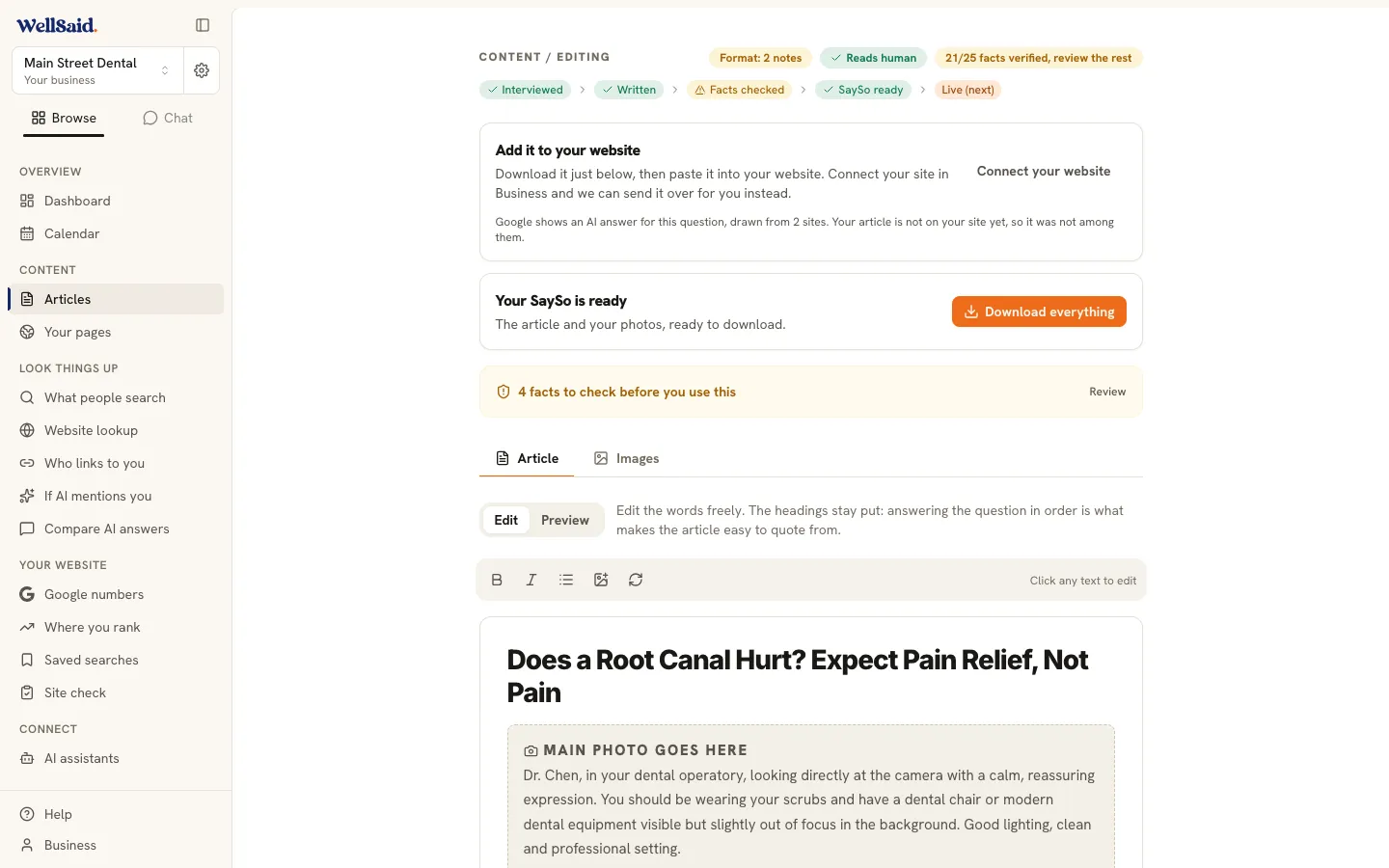 The WellSaid article editor with the fact-check result above it