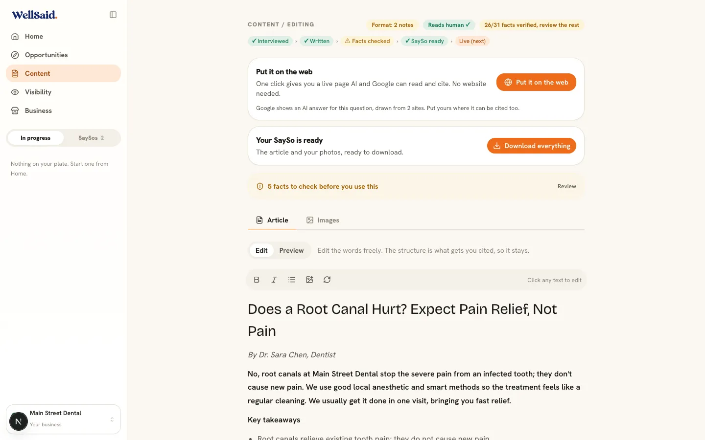 The WellSaid article editor, with the fact-check result shown above it