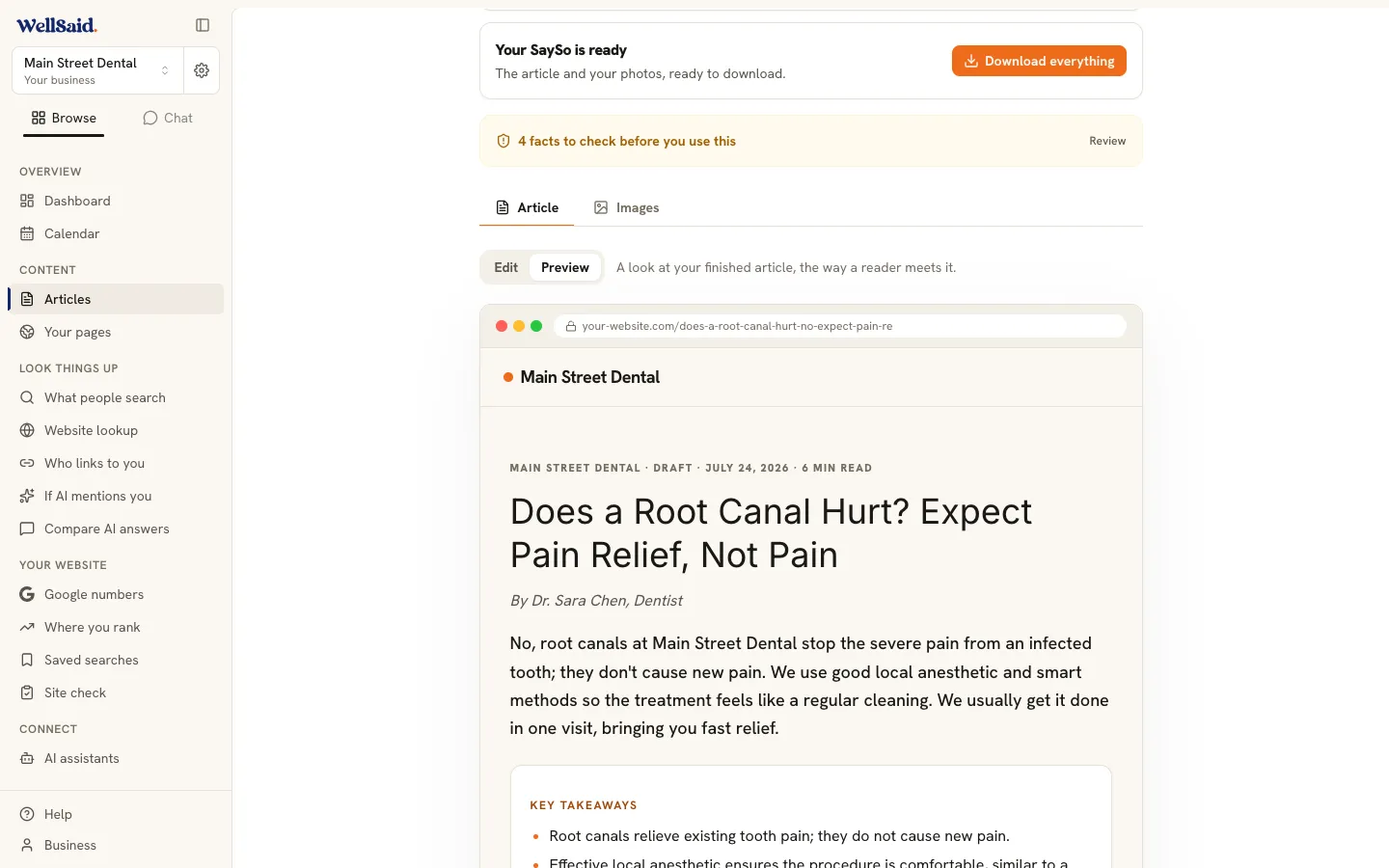 A finished WellSaid article previewed the way it will look on the owner's website