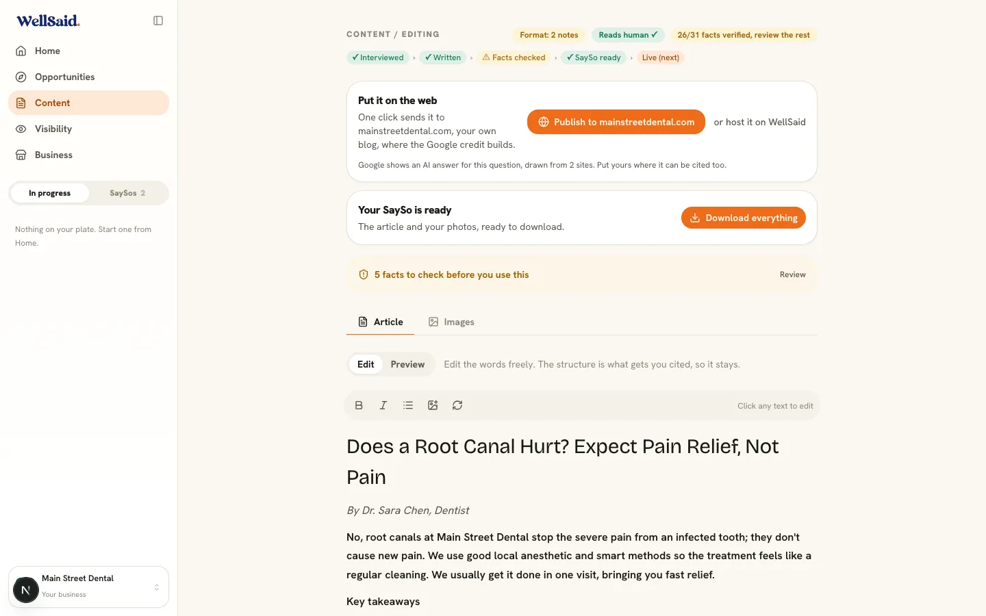 A finished article in WellSaid, with the publish button reading Publish to mainstreetdental.com