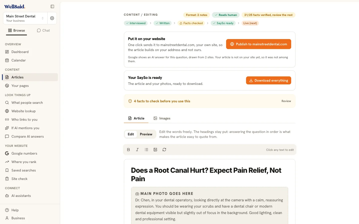 A finished article in WellSaid, with the publish button reading Publish to mainstreetdental.com