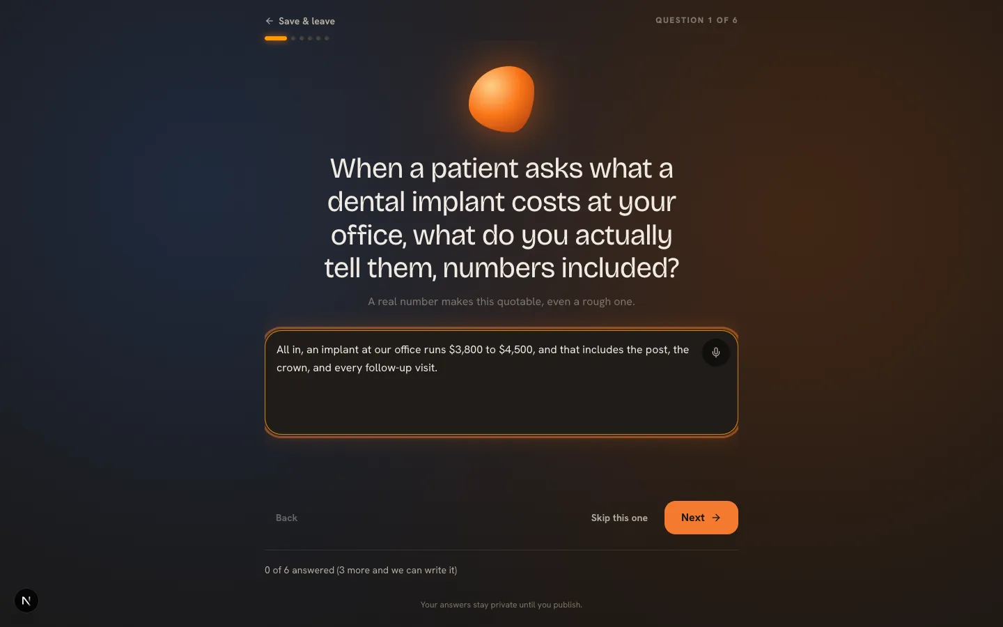 WellSaid's guided interview: one question at a time, progress on the left, in the real product