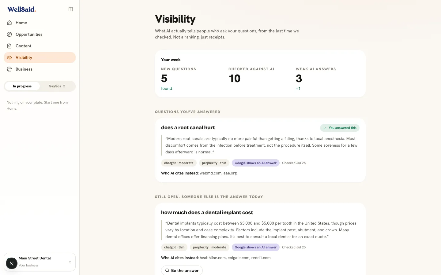 WellSaid Visibility: what AI says today for each question, with receipts