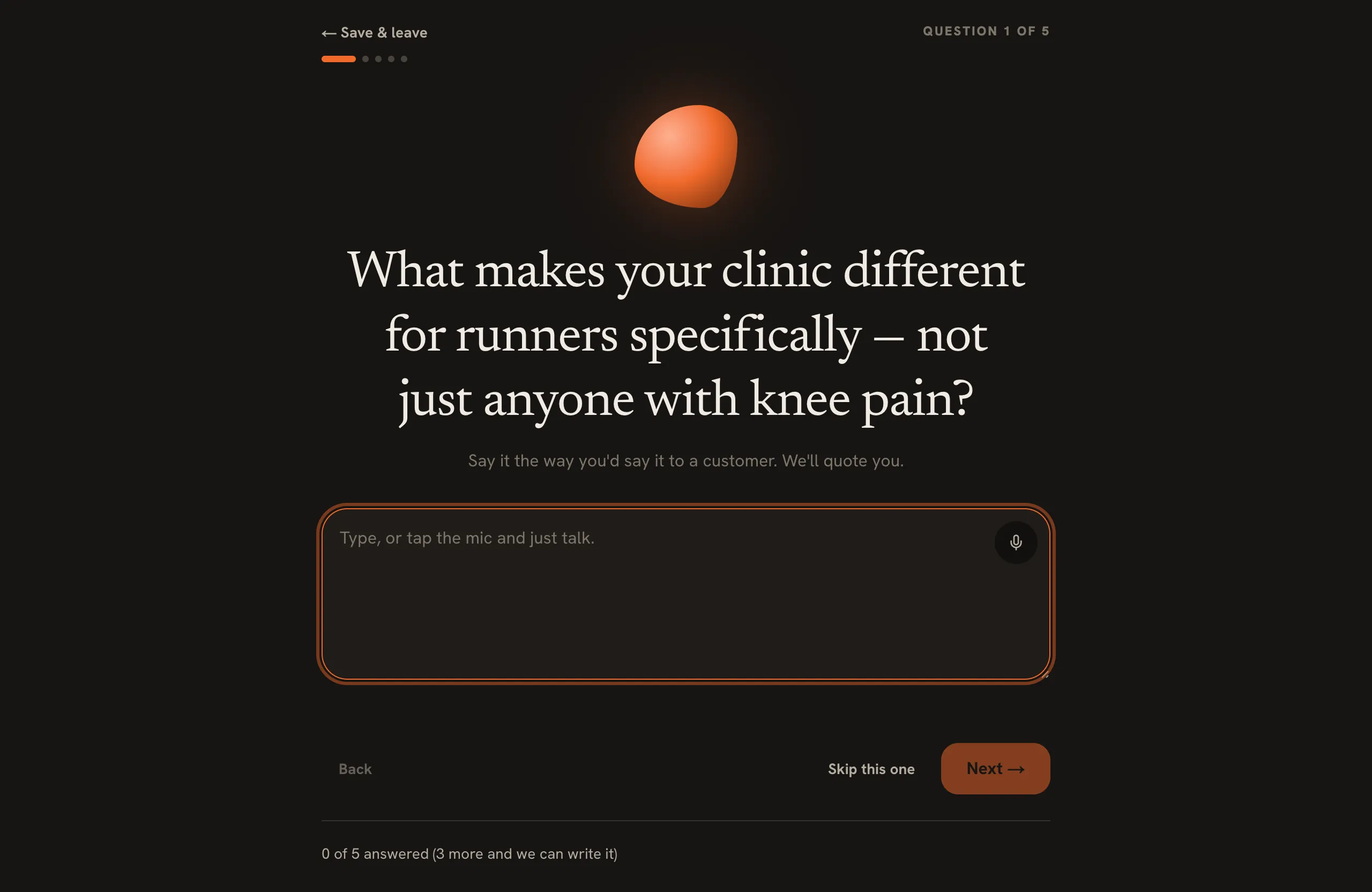 WellSaid's guided interview: one question at a time, progress on the left, in the real product