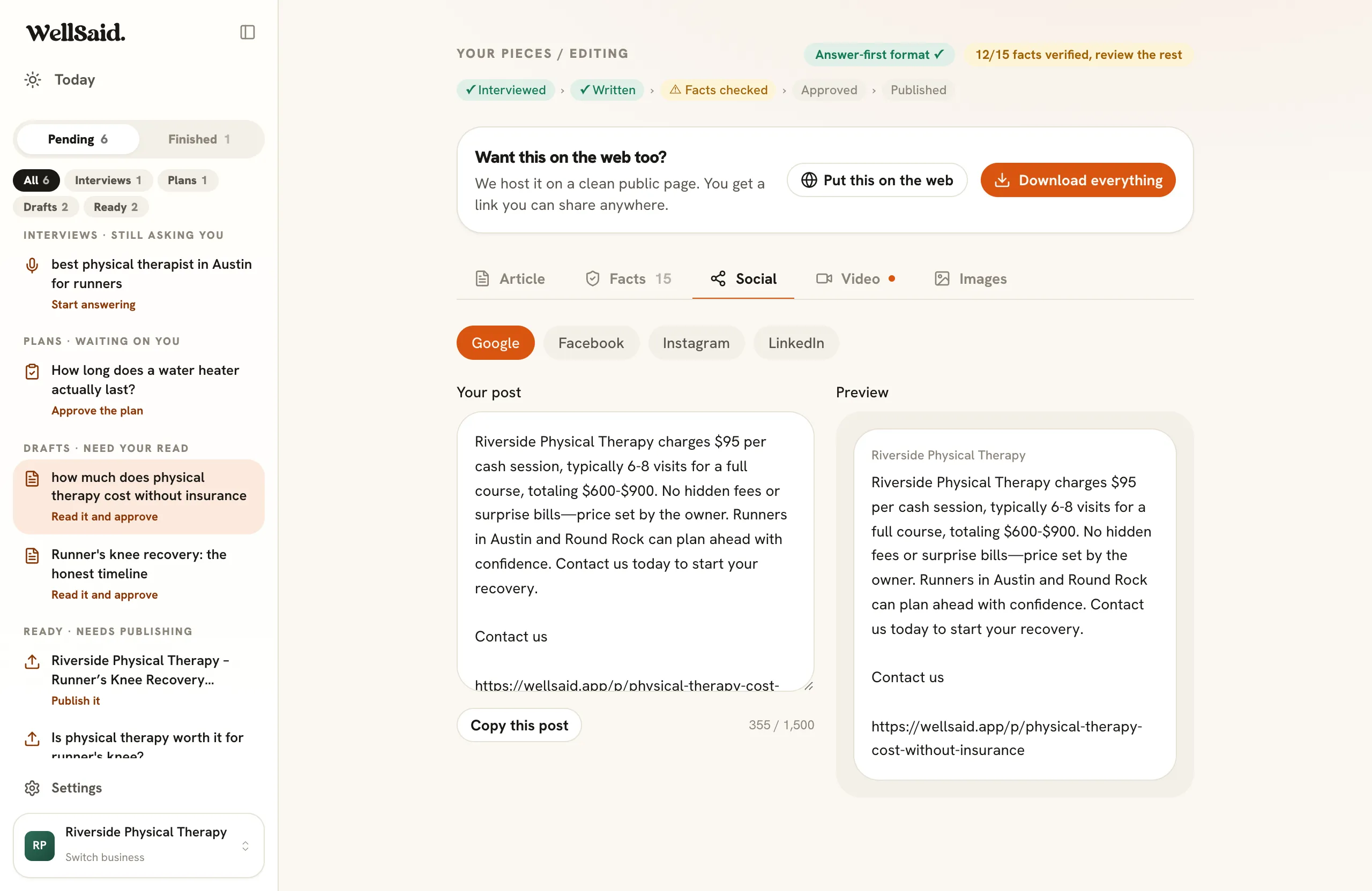 WellSaid social tab showing per-platform post previews